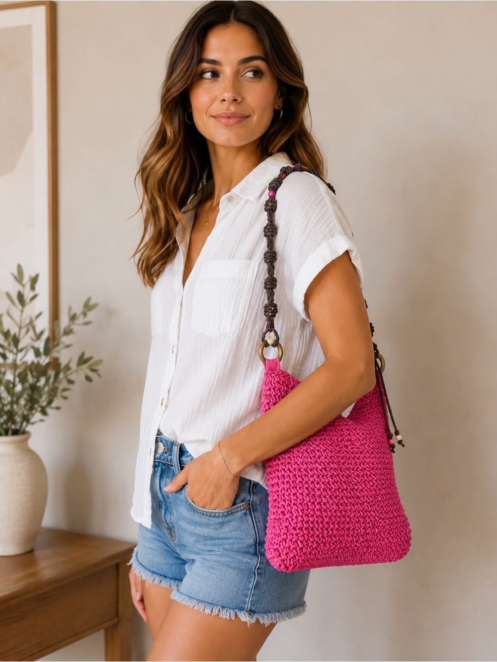Sun and Sand Handwoven Pink Crossbody Bag with Beaded Strap